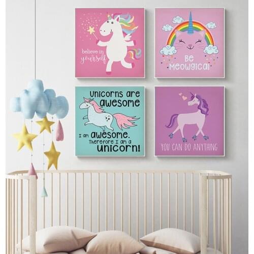 Kids Room Poster and Prints Cartoon Rainbow Unicorn Wall Art Pictures Baby Girls Nursery Bedroom Decorative Canvas Painting