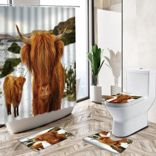 Highland Cattle Shower Curtains Wild Animal Bathroom Set Winter Snow Natural Scenery Home Non-Slip Carpet Toilet Cover Floor Mat