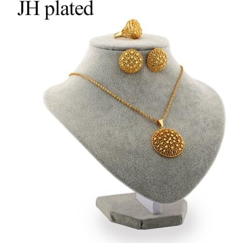 JHplated African Fashion gold color jewelry sets women best gifts Party wedding Necklace Earrings ring sets 45cm Pendant Gift