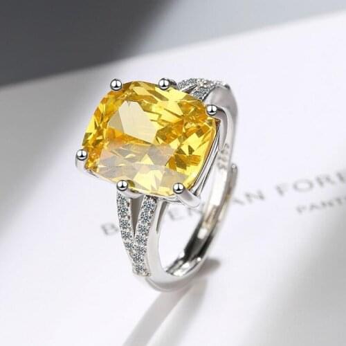 KOFSAC Luxury Shiny Square Zircon Crystal Yellow Ring For Women 925 Sterling Silver Finger Rings Fashion Lady Anniversary Gift