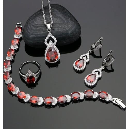 Water Drop Silver 925 Jewelry Natural Red Zircon Bead Party Jewelry Sets For Women Accessories Earrings Open Ring Necklace Set