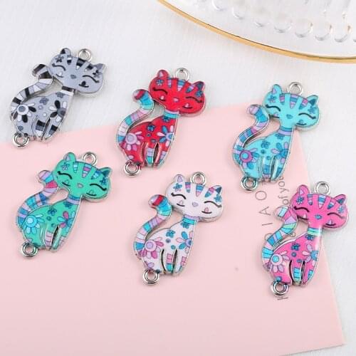 12pcs Silver Plated Enamel Colorful Cat Charm Connectors for Jewelry Making Bracelet Necklace Craft DIY Accessories 30x15mm