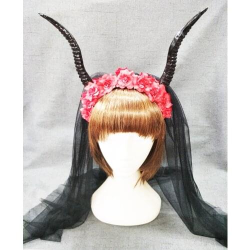 Lolita Red Flower Horn Antlers Cosplay Headband Veil Costume party Goth Handmade Headpiece Cosplay Halloween Accessories