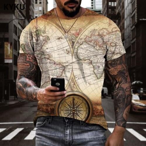KYKU Compass T-shirt Men Map Shirt Print Retro Tshirt Printed Hip Hop Funny T shirts Short Sleeve summer Printed Streetwear Tops