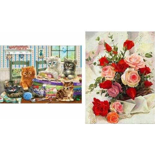 2Set Diy 5D Full Drill Diamond Painting Embroidery Cross Stitch Kit Rhinestone, Cat & Flower