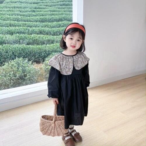 New Spring Girls Floral Dresses Cute Toddler Black Dress for Kids Cotton Children Clothing Baby Girls Long Sleeve Dress 12M-8T
