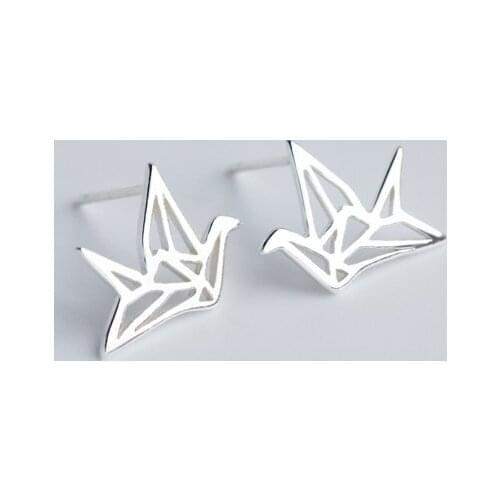 Genuine 925 Sterling Silver jewelry Open hOLLOW paper crane shape stud earrings charms Bird GTLE354
