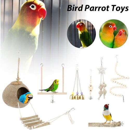 Parrot Natural Coconut Shell Bird Nest House Pet Parrot Hut Cage Hanging Toy Bells Suspension Bridge Ornament Decoration