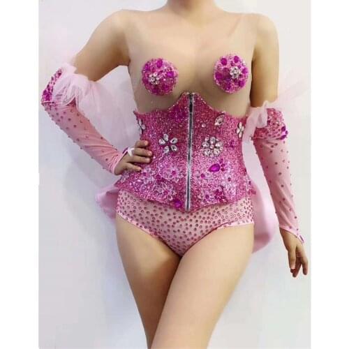 Pink Rhinestone Sequin Bodysuit Birthday Nightclub Celebrate Outfit Women Stage Show Outfit Performance Jazz Dance Costume