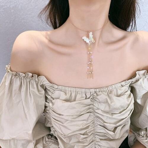 SHIFEEL Korea New fashion Rhinestone butterfly Pearls tassel necklace Clavicle chain Collar rings Earrings Women Jewelry Sets