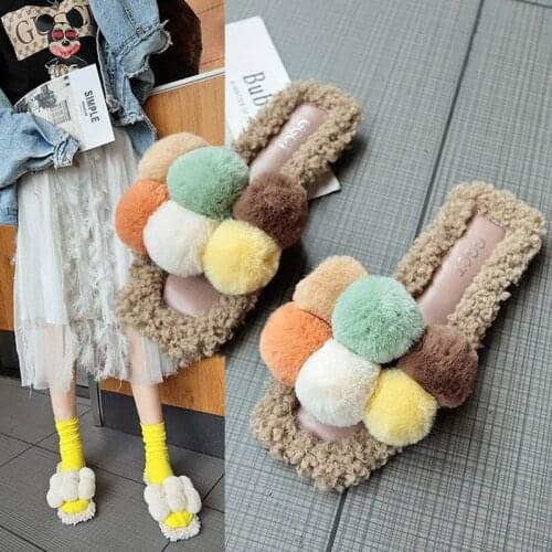Lovely Fashion Girls Plush Slippers Winter Women Home Indoor Furry Balls Casual Cotton Slides Female Fluffy Flat Flip Flops