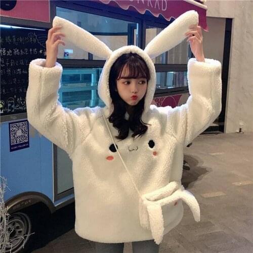 Loose Bunny Ear Hoodies For Women Warm Long Sleeve Sweet Kawaii Rabbit Bag Hooded Female 2020 Autumn Winter Cute Sweatshirt