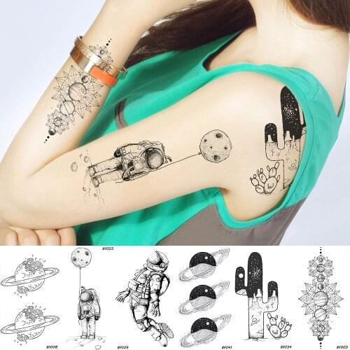 Space Man Temporary Tattoo Universe Spaceman Planets Waterproof Black Tatoos Desert Cactus Arm Sleeve Women Fake Tattoo Stickers