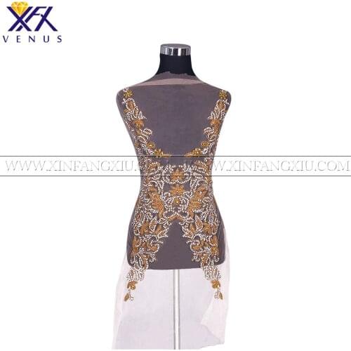 XFX VENUS 1 PC V-neck handmade Gold beads patches rhinestones applique crystal mesh elegant shiny bodice decorative diamante