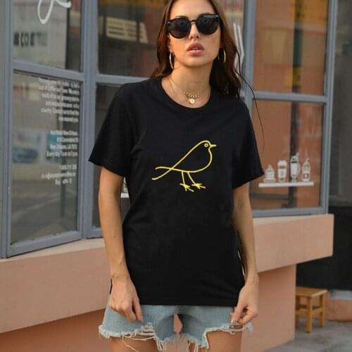 2021 Cute Hand Draw Bird Gold Print Women Tshirt O-neck Casual Funny Graphic Female tops Summer Fashion Hipster Girl tee