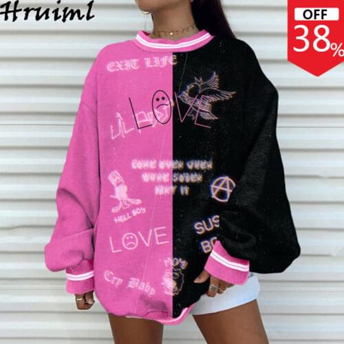 Sweatshirt Woman Long Sleeve O-Neck Loose Pink&black Patchwork Women Sweatershirt Letter Print Casual Streetwear Winter Coat