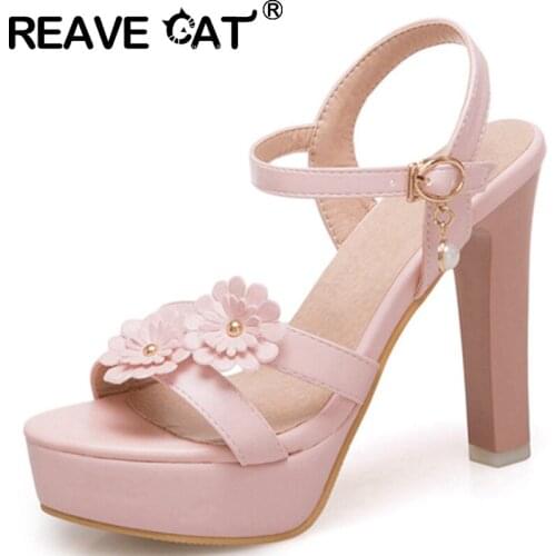 REAVE CAT Women Sandals New 2021 Open Toe 9cm Block Heels Buckle Pearl Flower Stylish Simple Big Size 43 Casual Date A3655