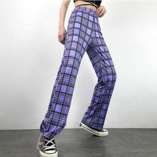 Women Streetwear Retro Violet Plaid Harajuku Punk Pants Casual High Waist Straight Pants Loose Punk Sexy Women Sports pants