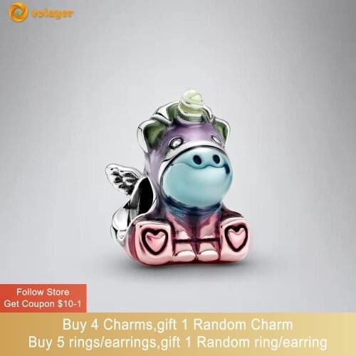 Volayer 925 Sterling Silver Colorful Rainbow Bruno the Unicorn Charm fit Original Pandora Bracelets for Women DIY Jewelry Making