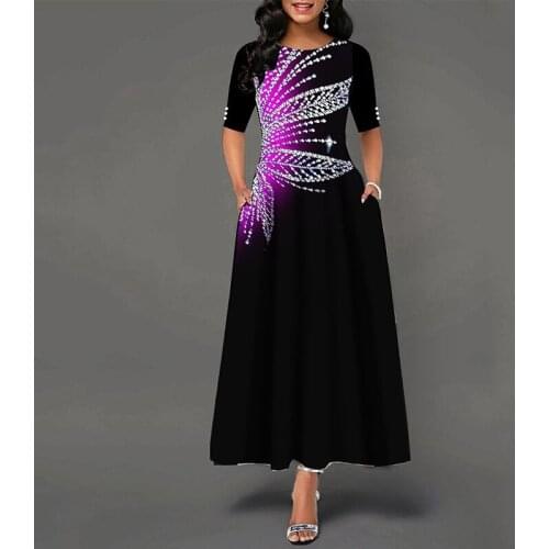 Womens Muslim Abaya 3/4 Sleeve O-Neck High Waist Dress Ankle-Length Party Printed Africa Sweet Robe Female Casual Maxi Dresses