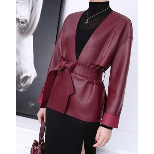 Autumn Spring Black Red Real Sheepskin Genuine Leather Suit Casual Jackets Womens Overcoat Korean Jacket Coats Suits Outerwear