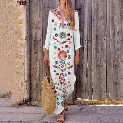 Women Linen Maxi Dress Long Sleeve Boho Kaftan Tunic Gypsy Ethnic Summer Holiday Soft Comfortable Fashion Leisure