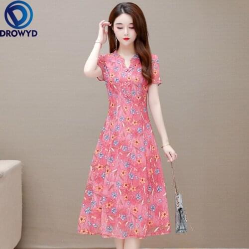 2021 Beach Pink Print Midi Dress Women Summer Fashion Short Sleeve V-neck Bodycon Chiffon Dress Elegant Boho Sexy Party Vestidos