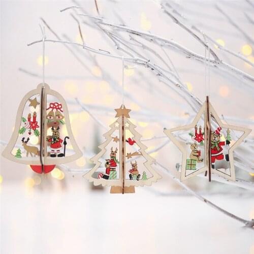 1PC 2D 3D Christmas Ornament Wooden Hanging Pendants Star Xmas Tree Santa Claus Christmas Decorations for Home Party New Year