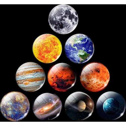 5PCS/lot Glow In The Dark Solar System Planet Moon Earth Picture 12mm 16mm 20mm 25mm Round Glass Cabochon Base for Diy Jewelry