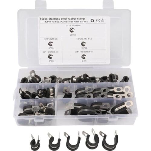 50pcs Rubber Cushioned Stainless Steel Pipe Clamps Cable Clamp Metal Clamp Tube Holder Car Auto Replacement Kit