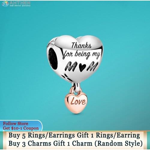 Ahthen 925 Sterling Silver Bead Love You Mum Heart Charm fit Original Pandora Bracelets Women Jewelry Making Birthday Gift