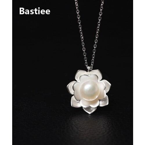 Bastiee 925 Sterling Silver Necklace Pendant Pearl Lotus Flower Jewelry For Women Link Chain