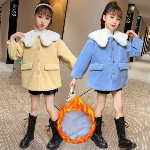 Woolen Girls Babys Kids Coat Jacket 2021 Solid Warm Thicken Winter Autumn Cotton Pocket Buttons Outerwear Childrens Clothing