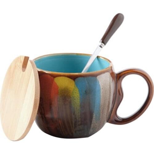 Art Painted Coffee Cup Creative Environmental Protection Ceramic Handmade Milk Cup with Spoon