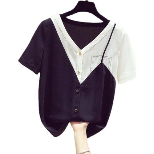 Patchwork Chiffon White And Black Women Shirts Summer New 2021 O-Neck Short-Sleeved Slim Elegant Female Pulls Tops