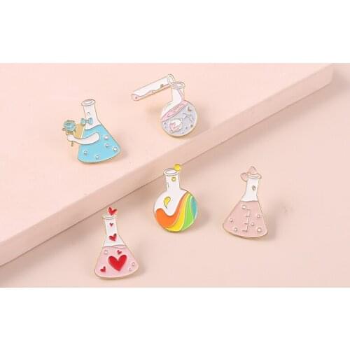 Chemical Rainbow Beaker Enamel Pins Bottle Of Galaxy Pink Heart Bowknot Metal Brooches Badges Pins Up Gift For Science Lover
