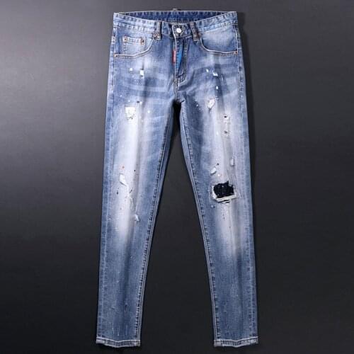 European Street Style Fashion Men Jeans Retro Blue Elastic Slim Fit Ripped Jeans Men Painted Designer Hip Hop Denim Punk Pants