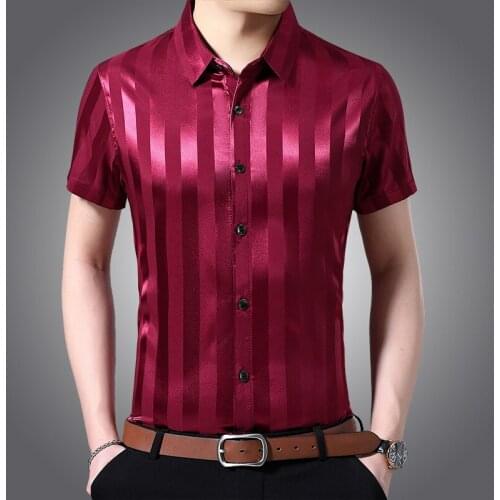 Mens Silk Streetwear Summer Fashion Stripes Smooth Clothes Male Casual Soft Silk Shirts Short Sleeved
