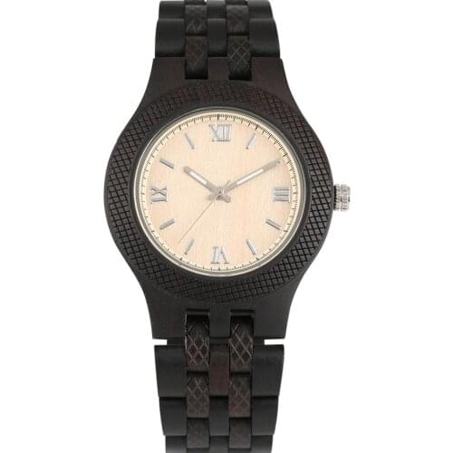 Mens Black Ebony Quartz Watch Clear Dial with Roman Numerals Wooden Watches Night Light Pointers Wristwatch
