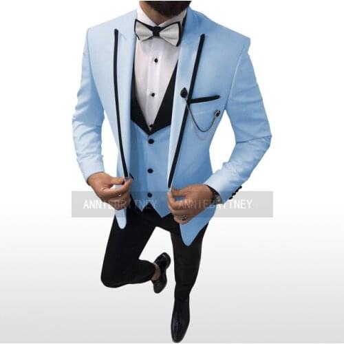 2021 New Sky Blue Groom Wedding Suit 3 Pieces Plus Size Male Blazer Slim Fit Fashion Men Prom Party Tuxedo Jacket Vest Pants Set
