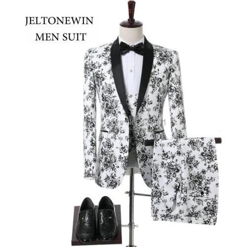 2020 New Arrival White Wedding Groom Men Suit Printed Blazer Fashion Tuxedos Elegant Slim Fit Best Man Suit (Jacket+Vest+Pants)