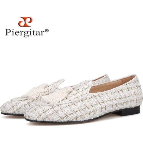 Piergitar new white mix gold color knit fabric handmade mens loafers British classic tassel men smoking slippers plus size