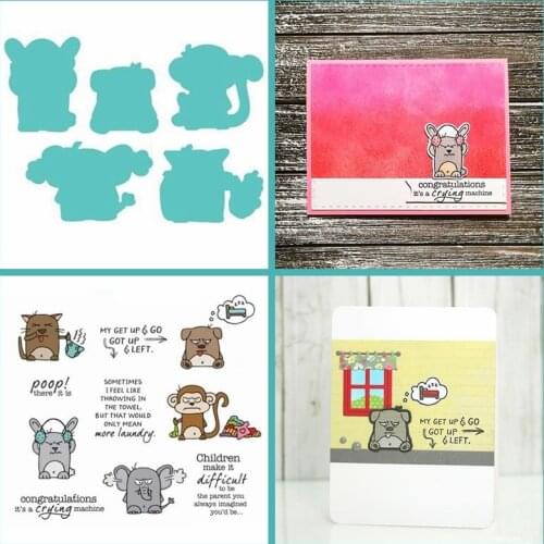4.5*6.5inch Clear Transparent Stamps & Metal Cutting Dies Set Critters Cat Sleepy Dog Monkey Rat Elephant Special Words 2020