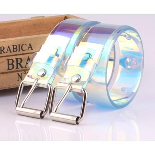 New Laser Resin PVC Lady Belt Holographic Transparent Belt Metal Pin Buckle Lady Transparent Belt for Woman