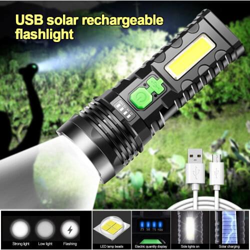 P100 10W Super Bright Solar LED+COB Flashlight USB Rechargeable Pocket Lanterna Portable Waterproof Torch Built-in Battery