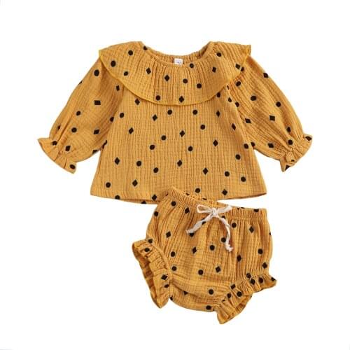 Citgeett Spring Yellow Baby Girls 2Pcs Clothes Set Ruffled Collar Long Sleeve Tops Elastic Shorts Linen Autumn Clothes Set