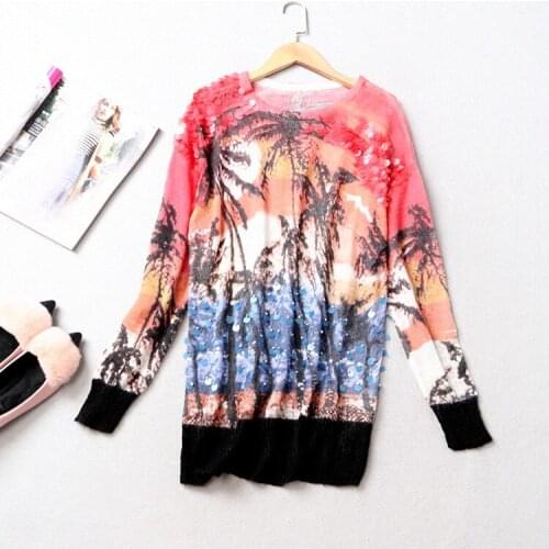 Long sleeve Print knitted pullover thin round neck sweater women Autumn spring loose sequins Beadings jumpers sweaters Tops NS56