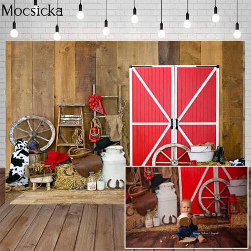 Western Cowboy Photography Background Barn Farm Hay Red Wooden Door Wheel Barrel Hat Flag Backdrops Props Child Photo Studio