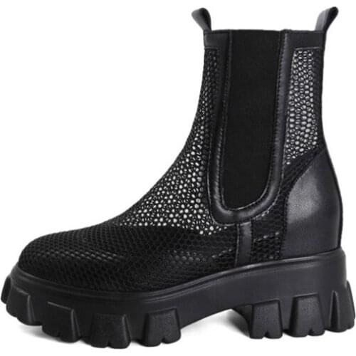 HOT SALE Factory Women Ladies Spring Geunine Leather Net Surface Cool Boots Elastic Band Sexy Low-heeled Sandals Shoes W7-2