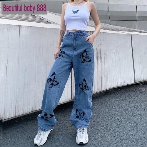 Meqeiss 2020 New Summer Vintage Jeans Woman Long Trousers Cowboy Female Loose Streetwear Butterfly Print Pants jeans for women